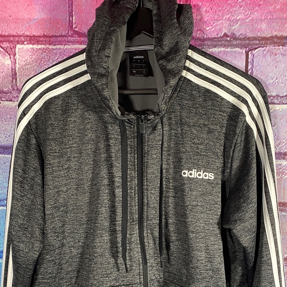 Adidas ClimaWarm Full-Zip Hoodie Men’s Large Gray Athletic 3-Stripes Sportswear - Picture 3 of 12